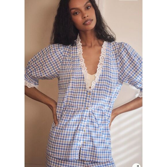 Anthropologie Puff-Sleeve Lace-Trim Buttondown Top - Picture 1 of 6